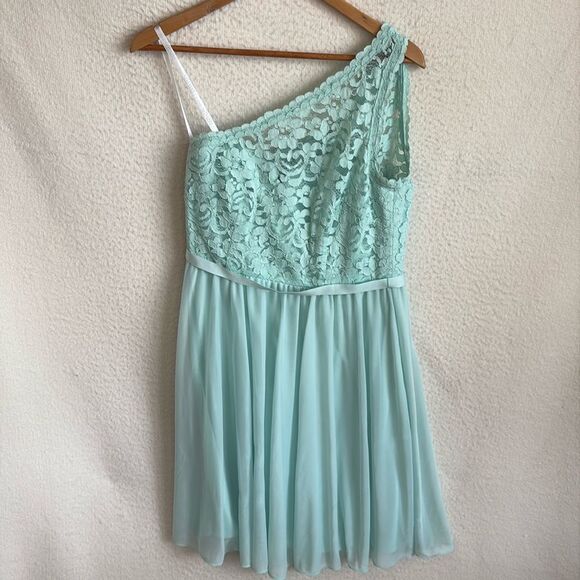 Davids Bridal Short One Shoulder Corded Lace Dress F15711 Womens Size 10 Mint - Picture 1 of 7